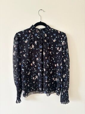 Wilfred Black Sheer Floral Smocked Neck Blouse
